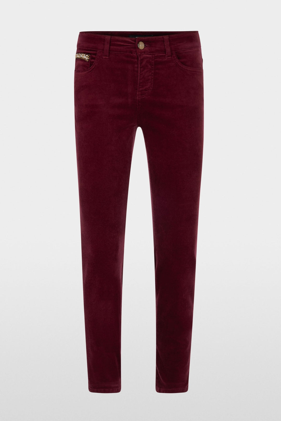 Pantalon velours taille basse bordeaux, coupe ajustée avec détails discrets et poches élégantes.