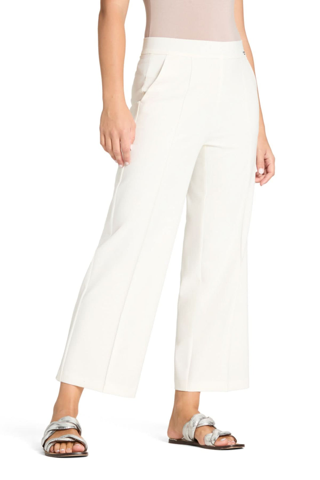 Pantalon taille élastique Cameron blanc, coupe large, surpiqures, poches latérales, moderne et confortable, tissu Power Stretch.