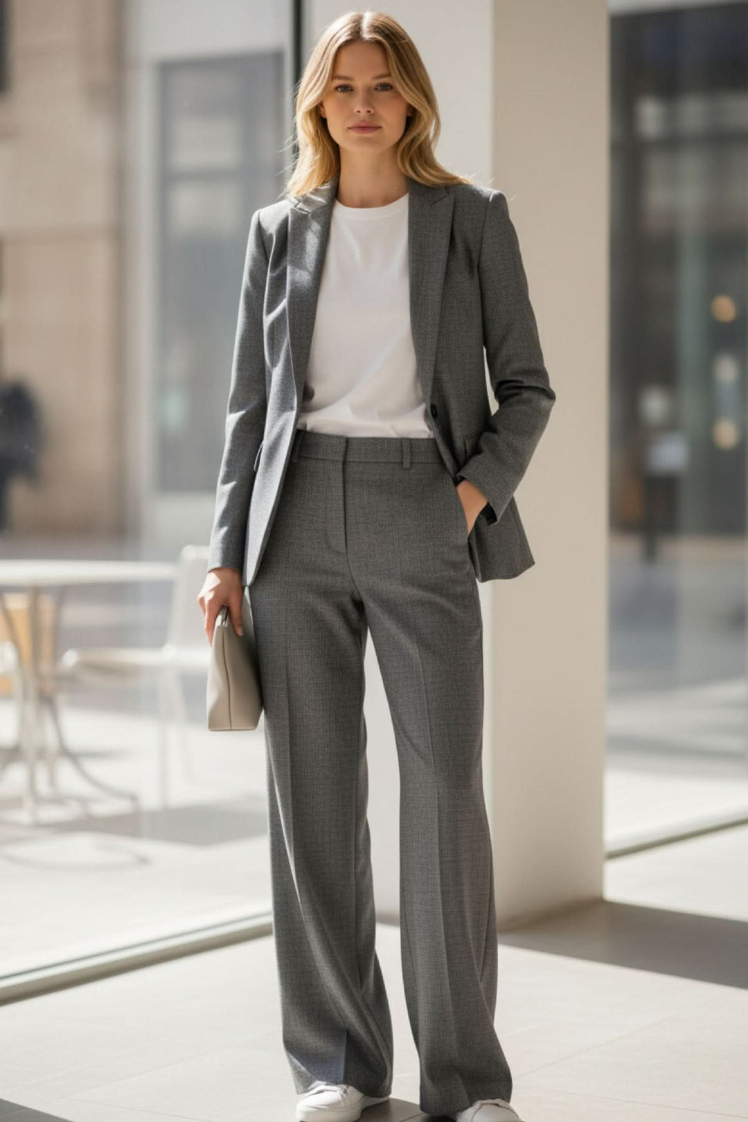 Femme portant un pantalon tailleur droit Cadie gris, coupe droite, taille haute, dans un cadre professionnel lumineux.