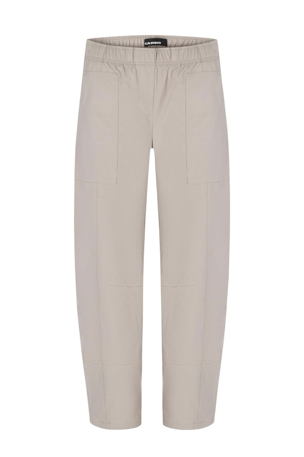 Pantalon utilitaire Ophelia avec coupe droite légèrement fuselée et taille élastique, poches appliquées, couleur beige, design minimaliste.