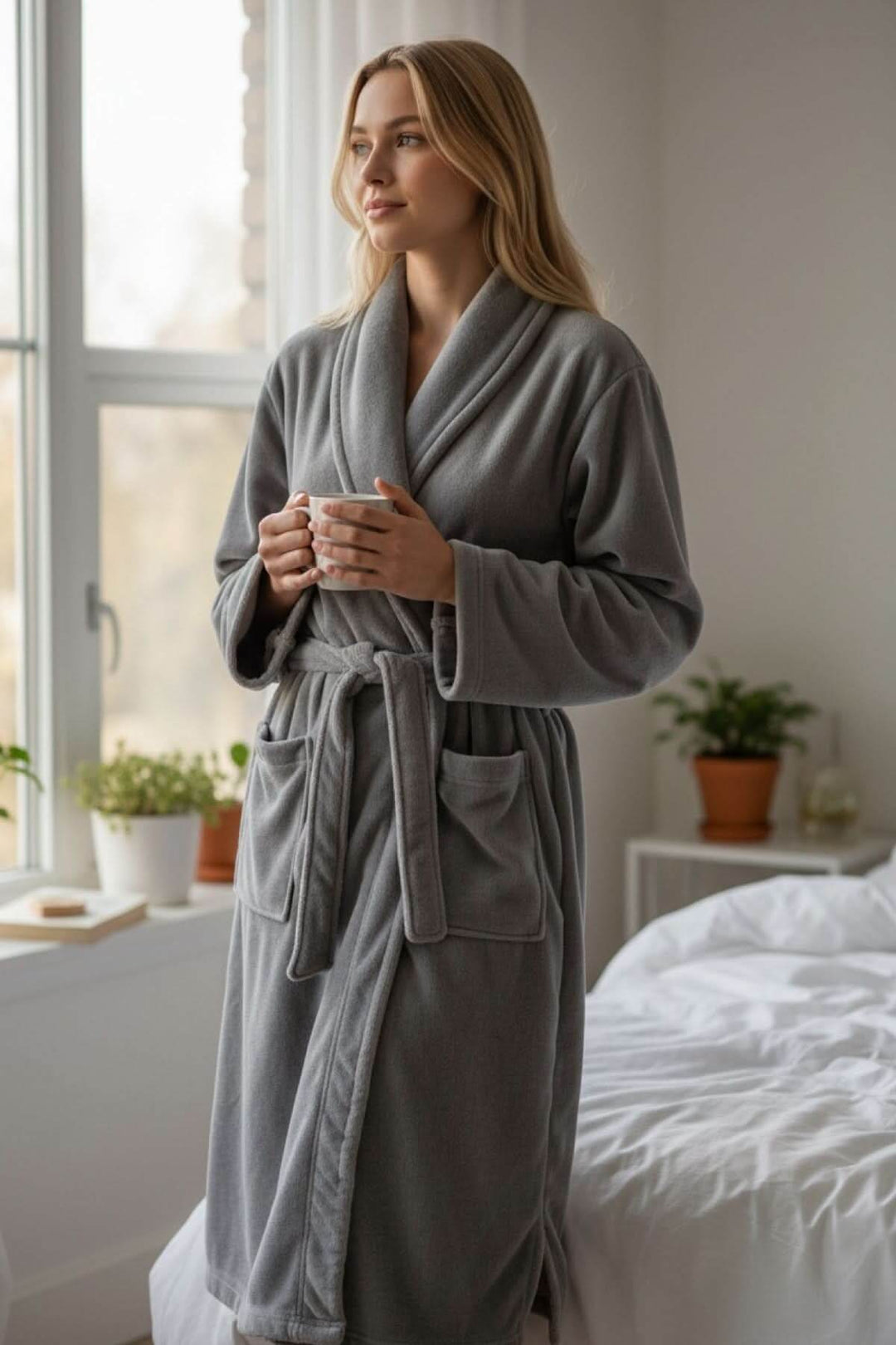 Femme portant un peignoir long en micro-polar gris, idéal pour la détente à la maison, avec ceinture à nouer et tissu ultra doux.