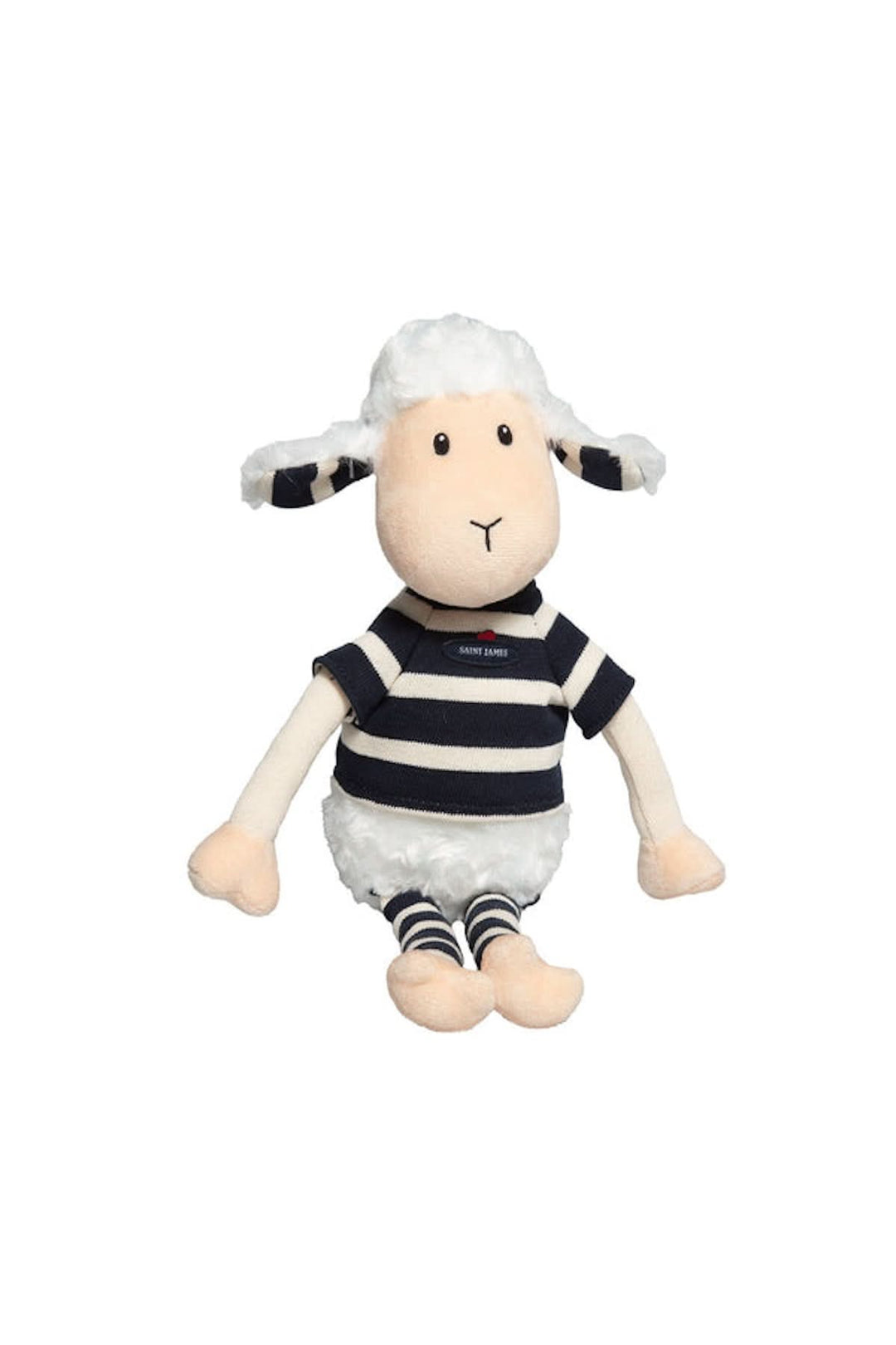 Peluche agneau en t-shirt marin rayé, doux pelage et détails en coton, idéal pour enfants et décoration.