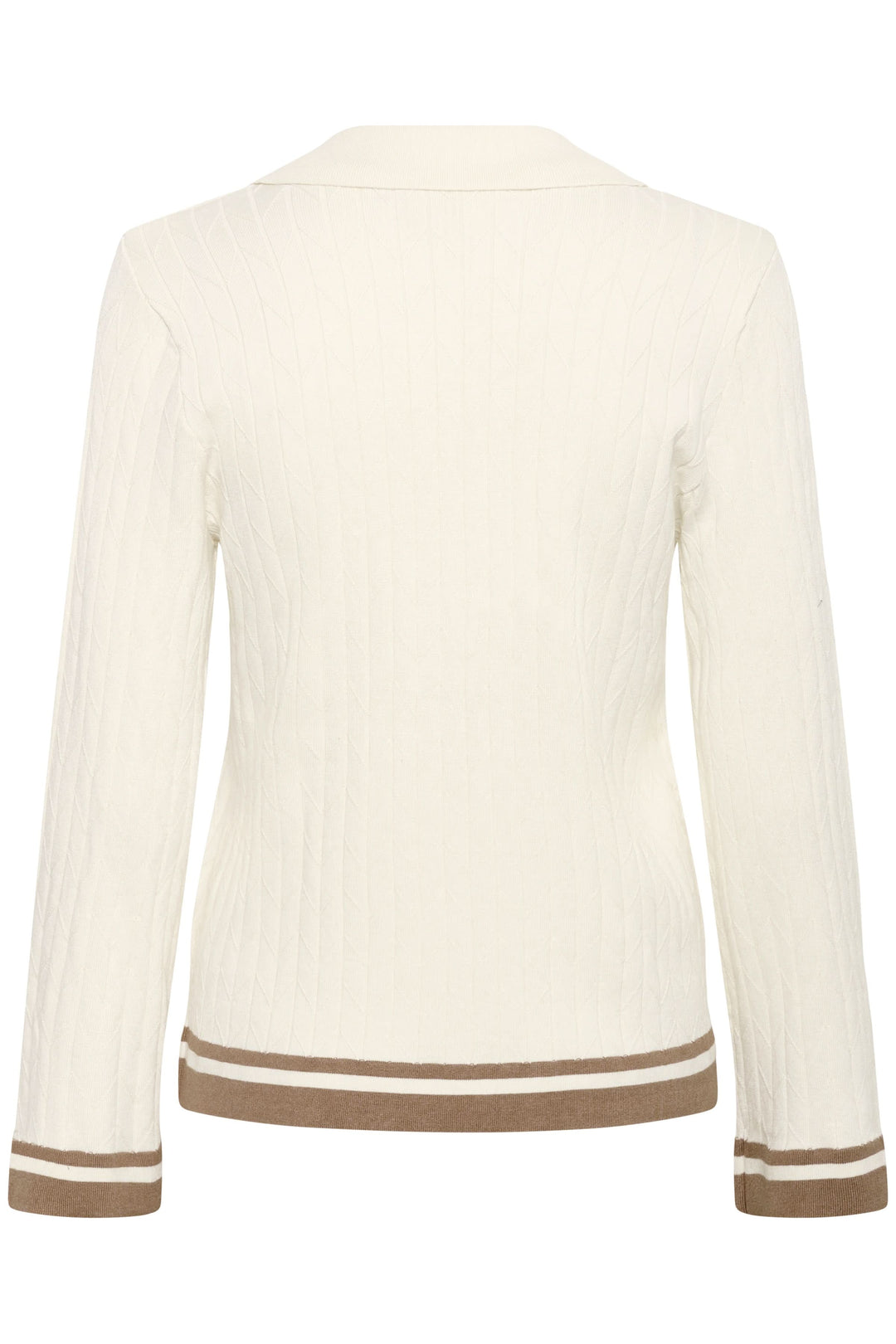 Polo Villea en maille blanche avec col ouvert, finitions contrastantes marron aux poignets et bas, style raffiné et féminin.