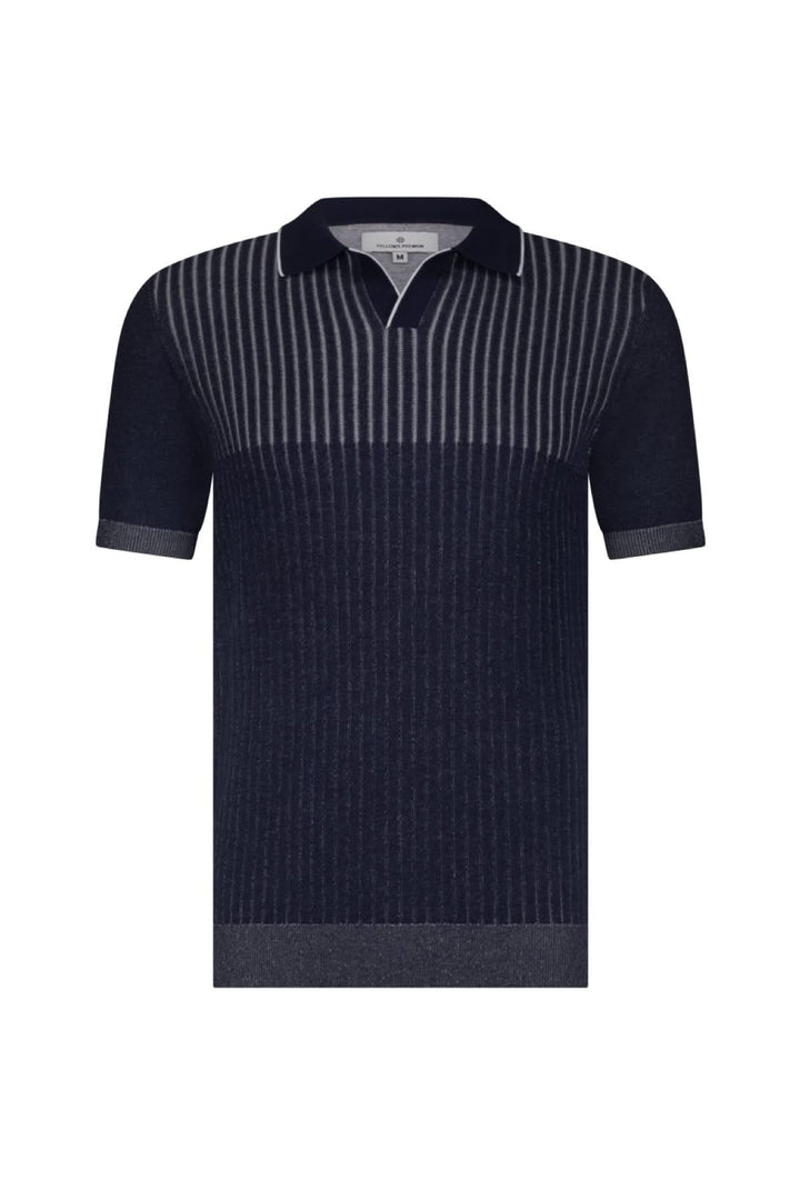 Polo côtelé à manches courtes, rayures texturées en dégradé vertical, col classique, maille légère et élégante.