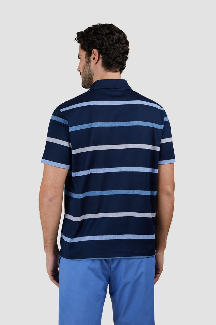 Homme portant un polo rayé en coton piqué bleu avec motif à rayures et col polo, coupe régulière, vue de dos. Décris moi le produit en français.