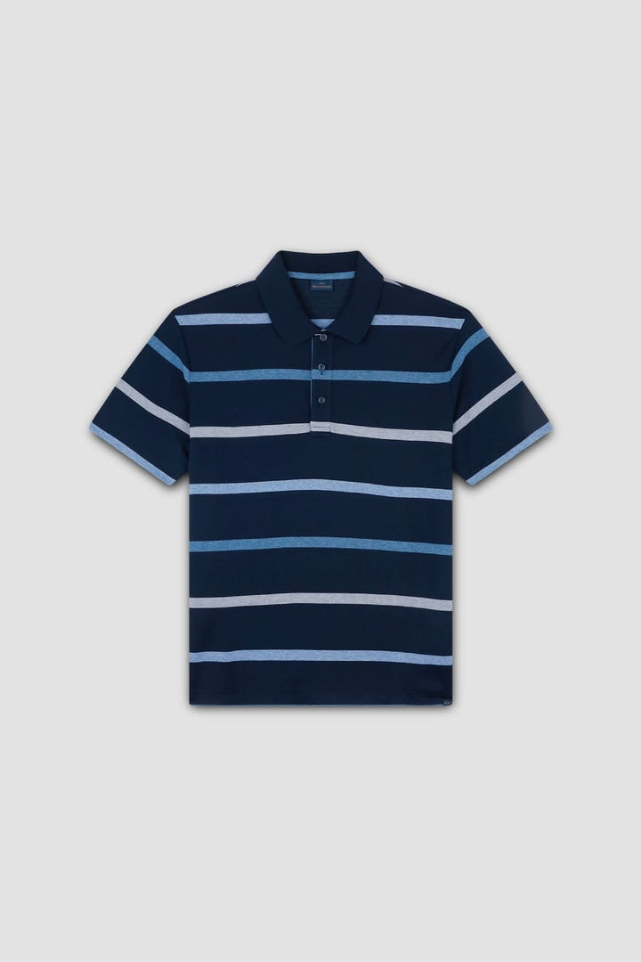Polo rayé en coton piqué bleu avec motif à rayures horizontales, coupe régulière, col polo.