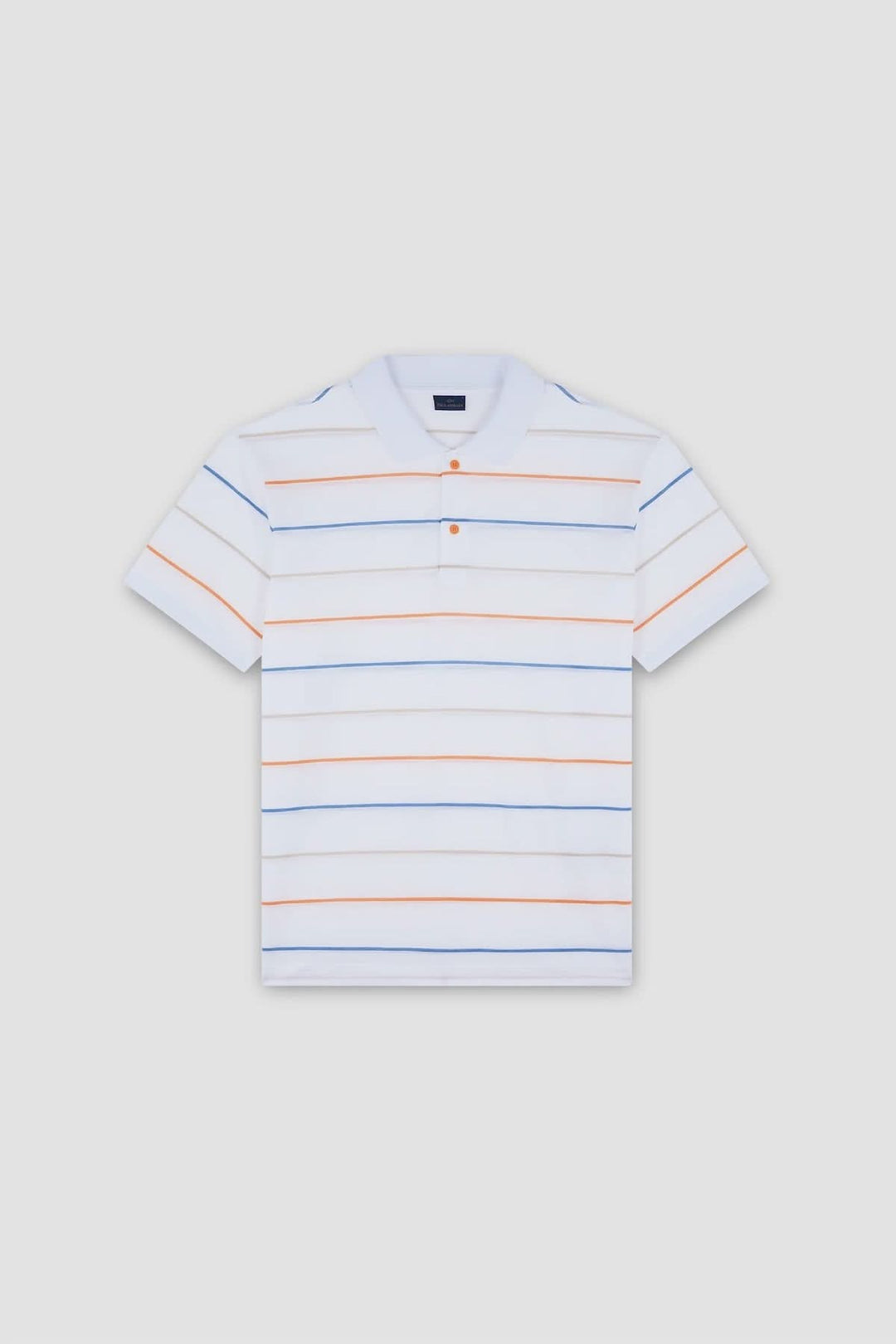 Polo à rayures multicolores en coton, col classique et patte à deux boutons orange, style décontracté.