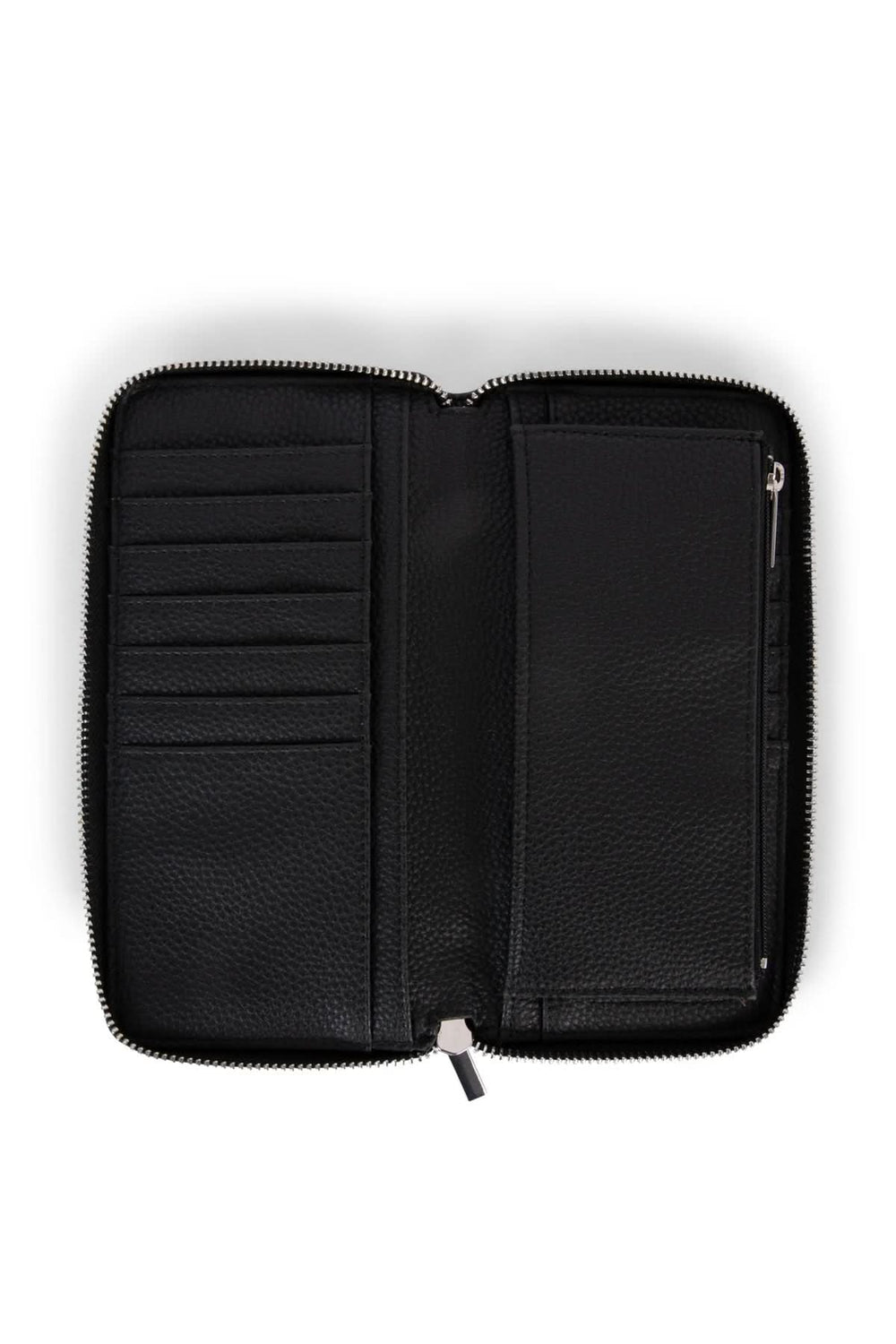 Intérieur d'un porte-feuilles zippé noir avec rangements pour cartes et monnaie, design élégant et fonctionnel.