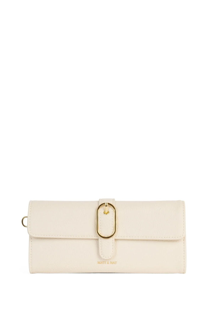 Portefeuille Seun élégant beige avec boucle décorative et bracelet amovible, 10 fentes pour cartes.