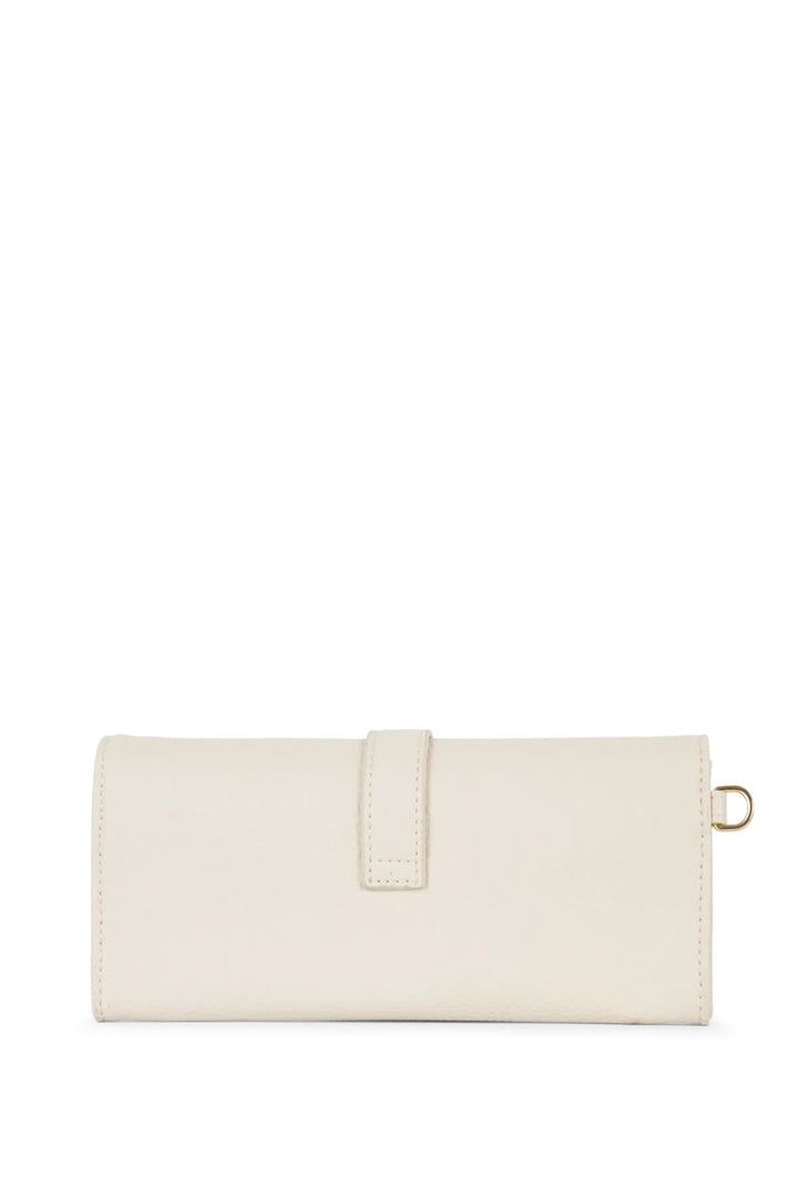 Portefeuille Seun élégant, en cuir beige, fermeture avec rabat et boucle décorative, bracelet amovible.