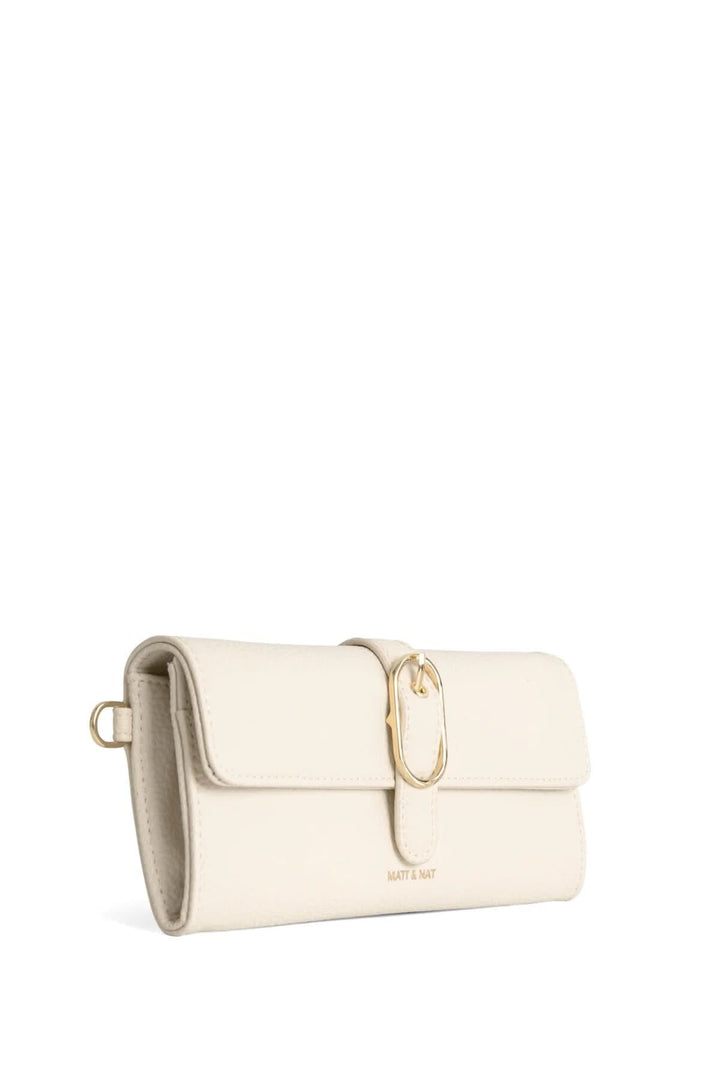 Portefeuille Seun élégant beige avec boucle décorative et bracelet amovible, intérieur spacieux pour cartes et monnaie.