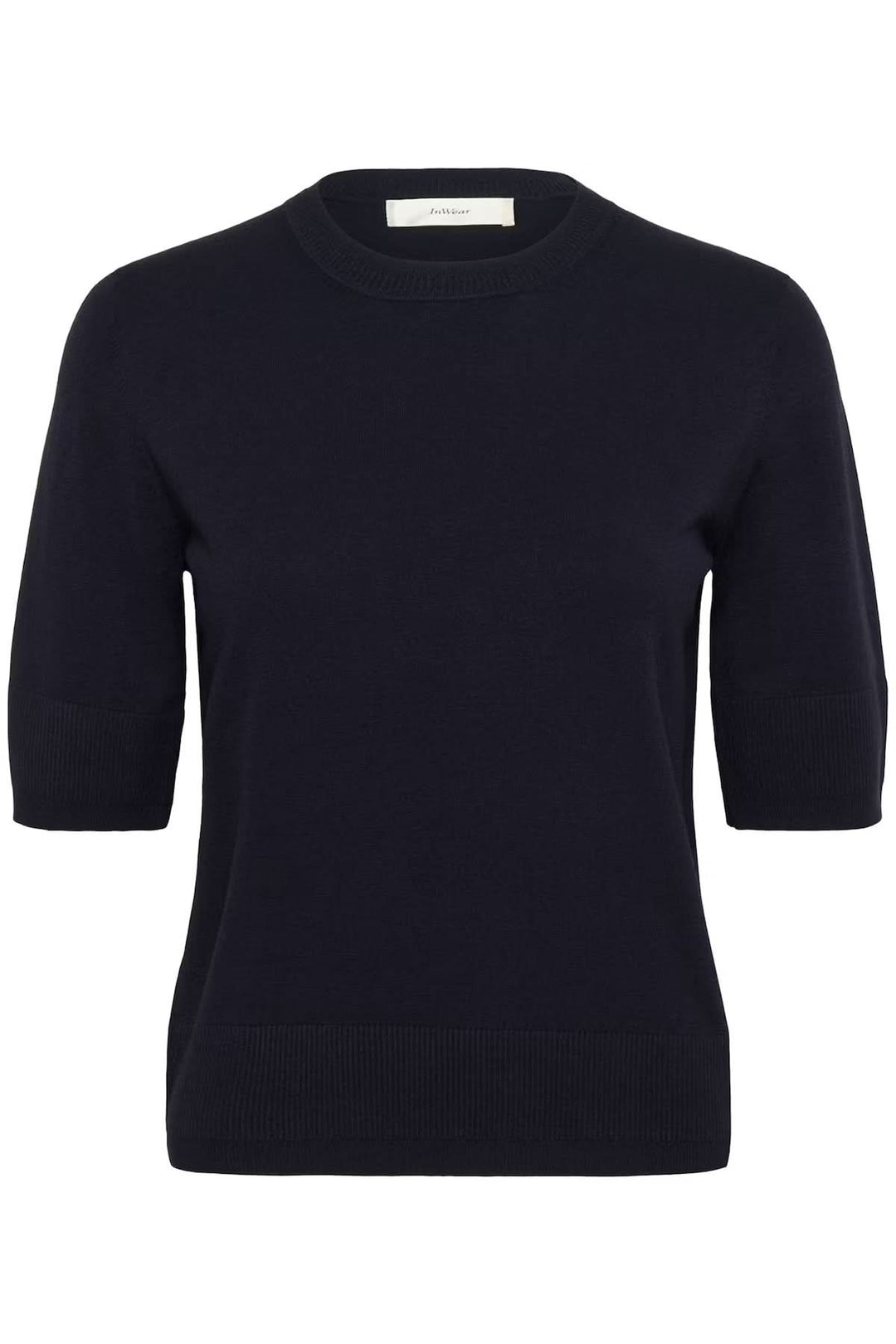 Pull à manches courtes Miko noir élégant avec encolure ronde et ligne épurée, idéal pour le bureau ou un style décontracté.