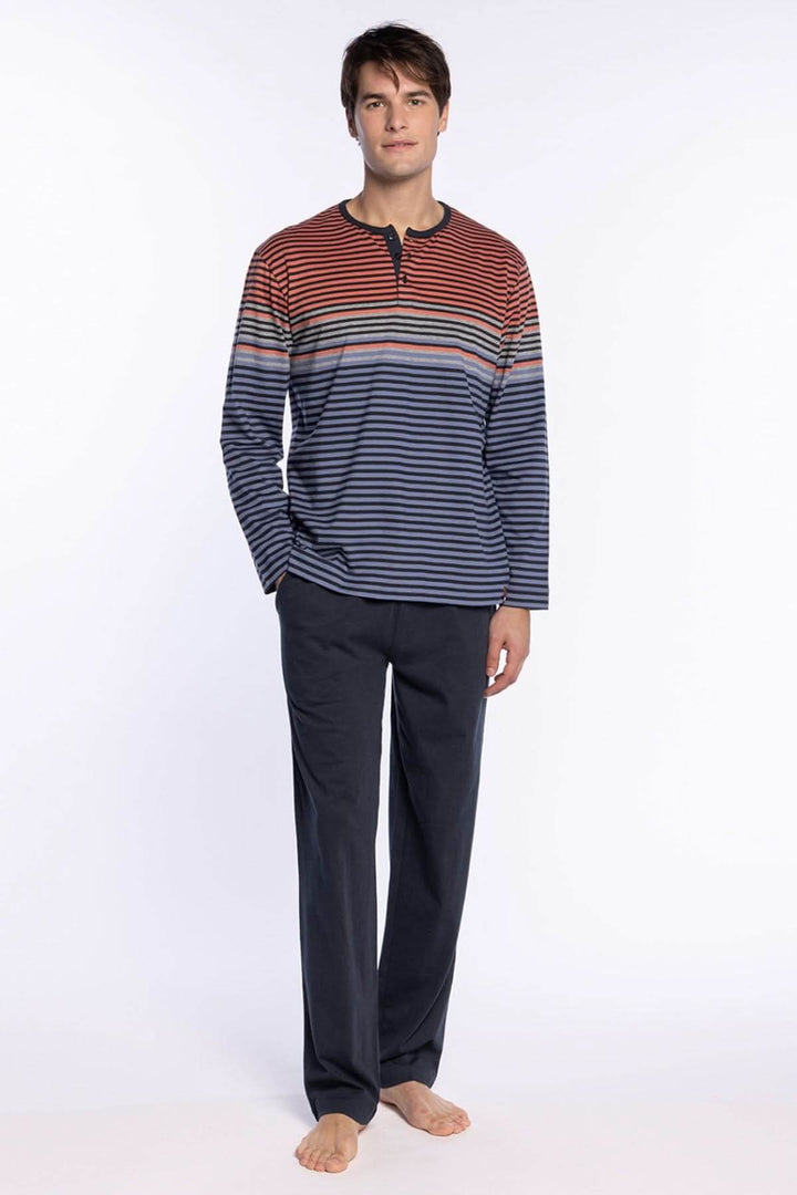 Pyjama Long en Coton à Rayures Sophistiqué, ensemble confortable à rayures multicolores et pantalon uni pour homme, 100% coton.