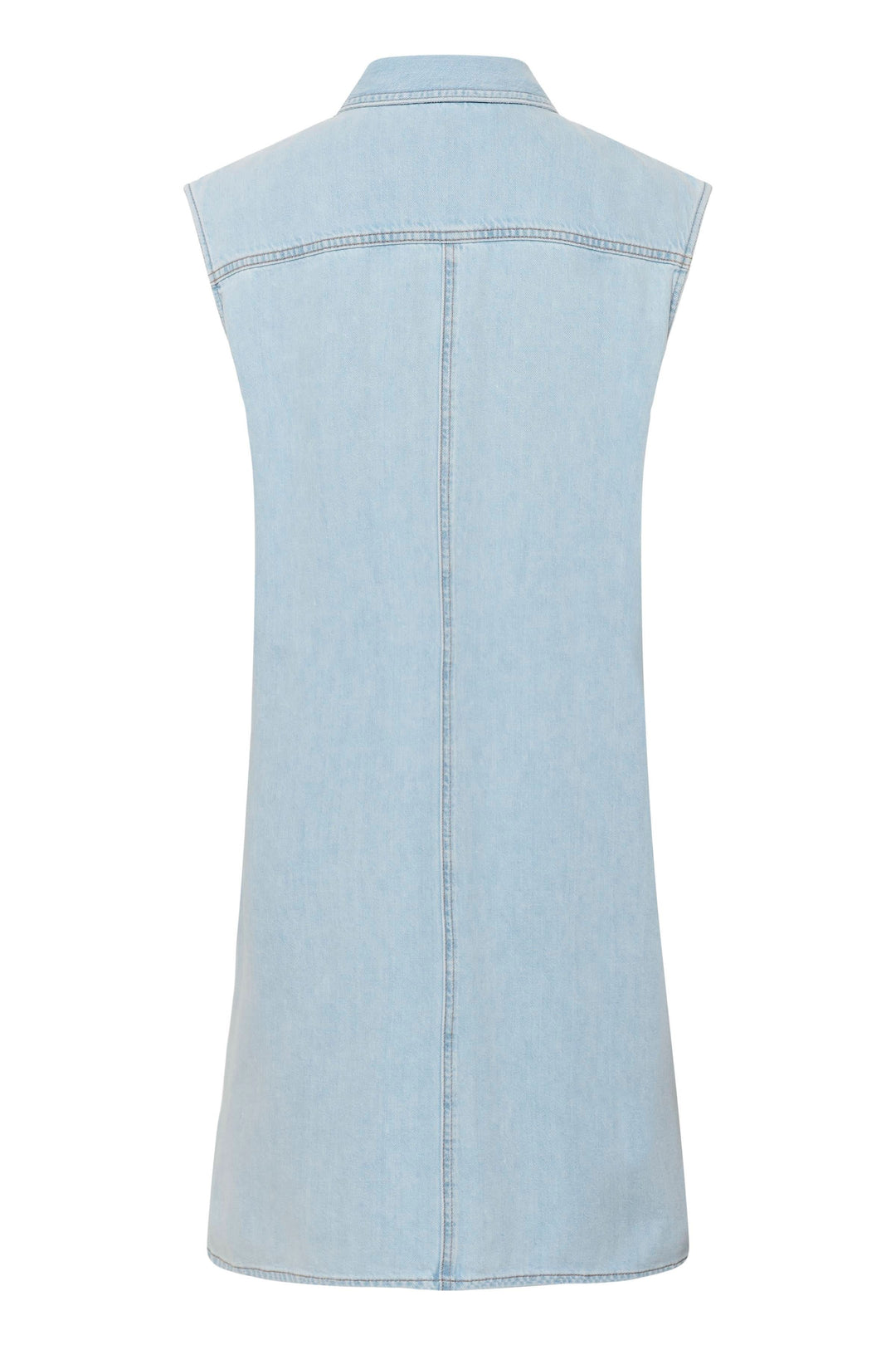 Robe Elly chemise sans manches en tissu léger montrant le dos et le col structuré, idéale pour un look décontracté et polyvalent.