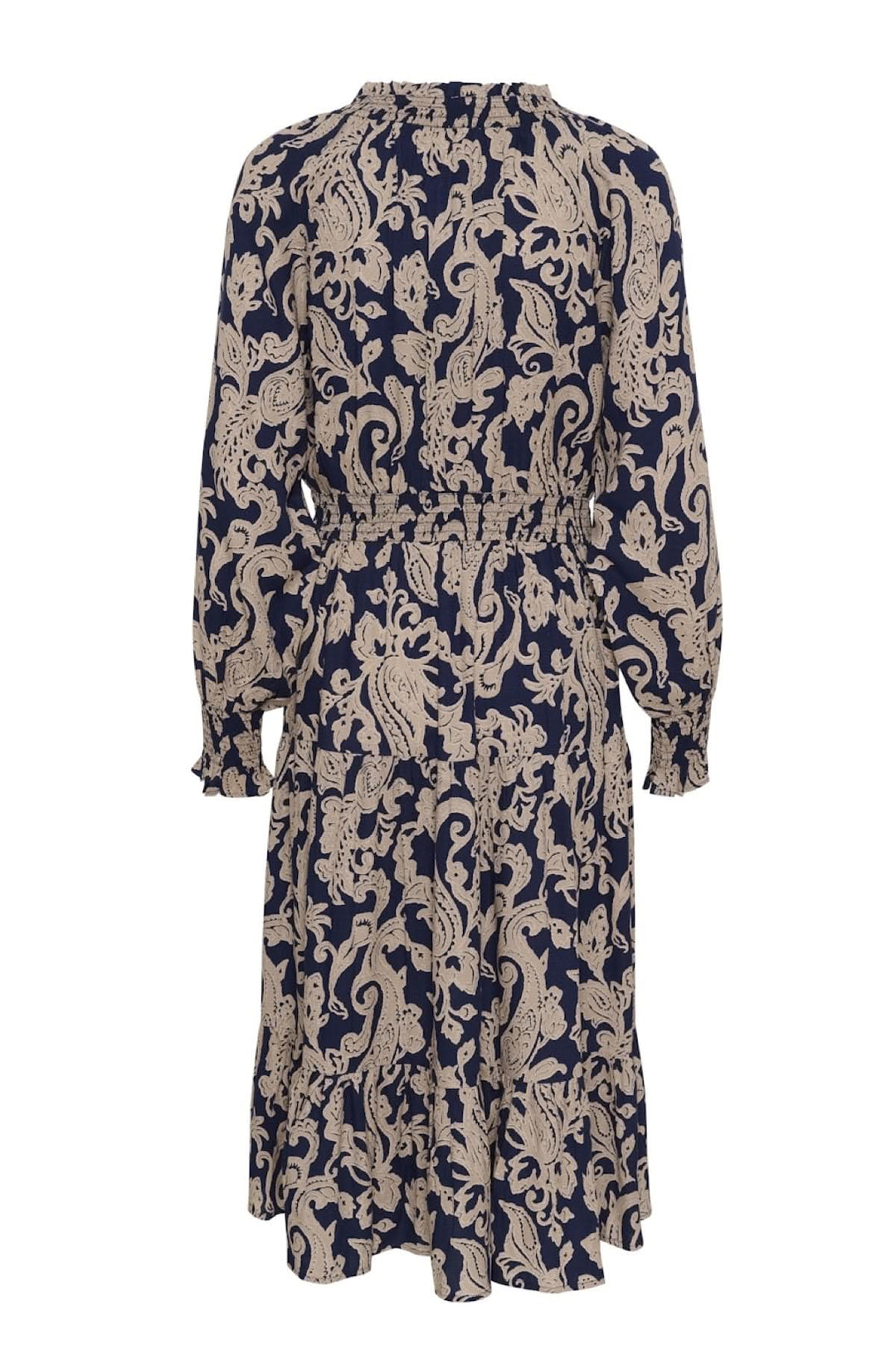 Robe Lucy longue beige sur bleu marine, manches longues, design élégant, dos avec élastique, style chic.