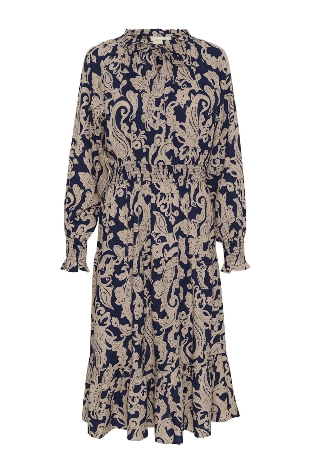 Robe Lucy longue bleu marine avec motif beige, encolure goutte et manches longues élastiquées.