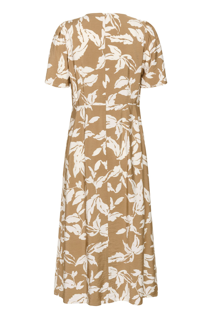 Robe Marlo midi fluide à imprimé végétal vue arrière avec manches courtes et découpe à taille marquée, motif naturel beige et blanc.