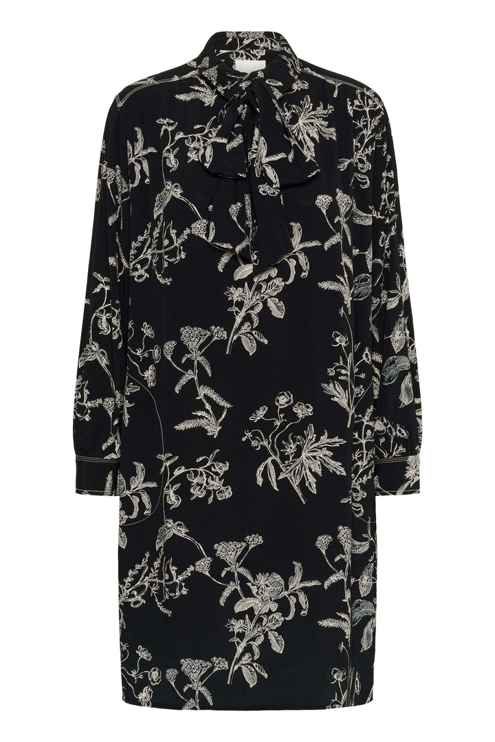 Robe fluide à imprimé floral avec col lavallière et manches longues, idéale pour un look chic et féminin.