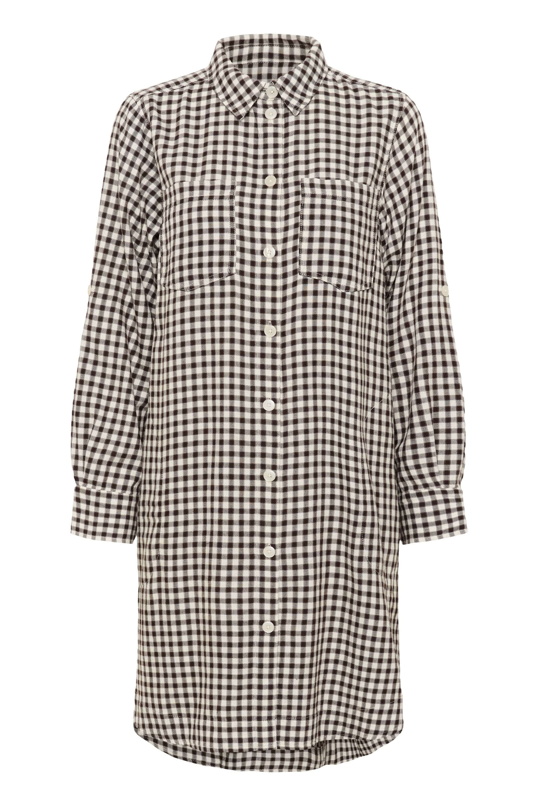 Robe Sardias à carreaux avec col chemise et manches retroussables, pour un style casual-chic ou ceinturée pour souligner la silhouette.