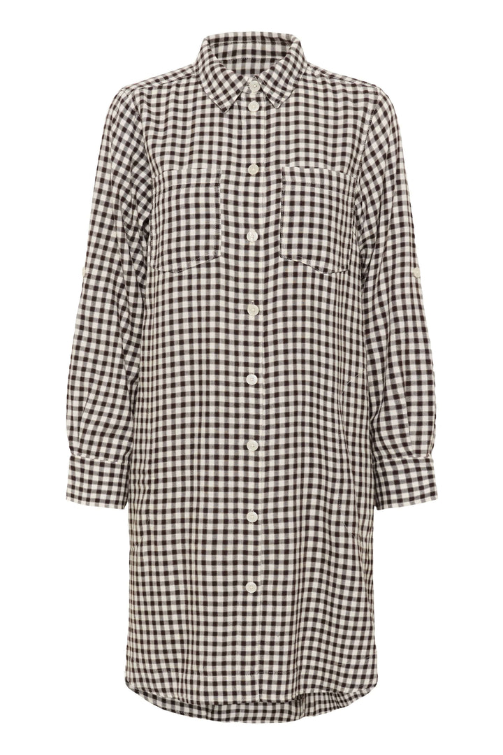 Robe Sardias à carreaux avec col chemise et manches retroussables, pour un style casual-chic ou ceinturée pour souligner la silhouette.