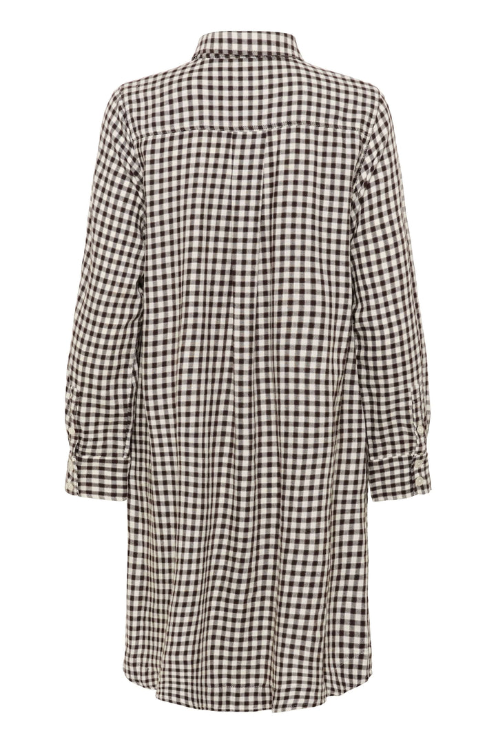 Robe Sardias: robe-chemise à carreaux au design décontracté et moderne, avec coupe droite et manches retroussables, vue arrière.