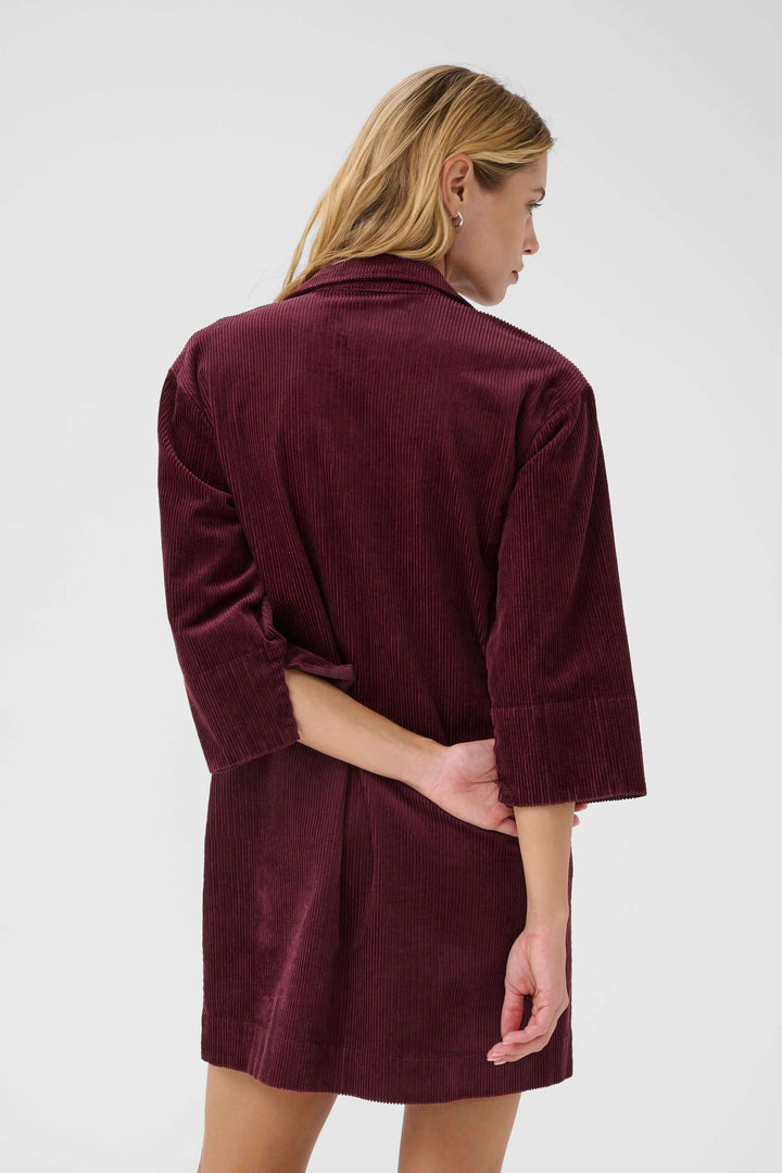 Robe Sharri en velours côtelé prune, coupe droite et manches trois-quarts, vue de dos.