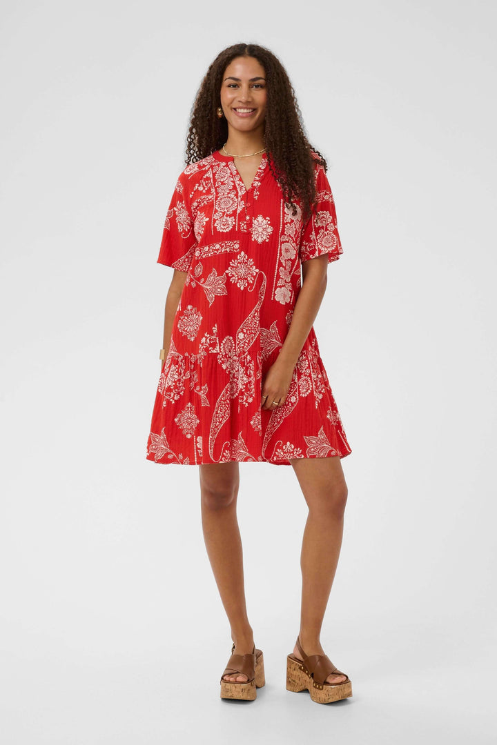 Robe Tiah courte imprimée à manches courtes avec encolure en V et volant, idéale pour l&