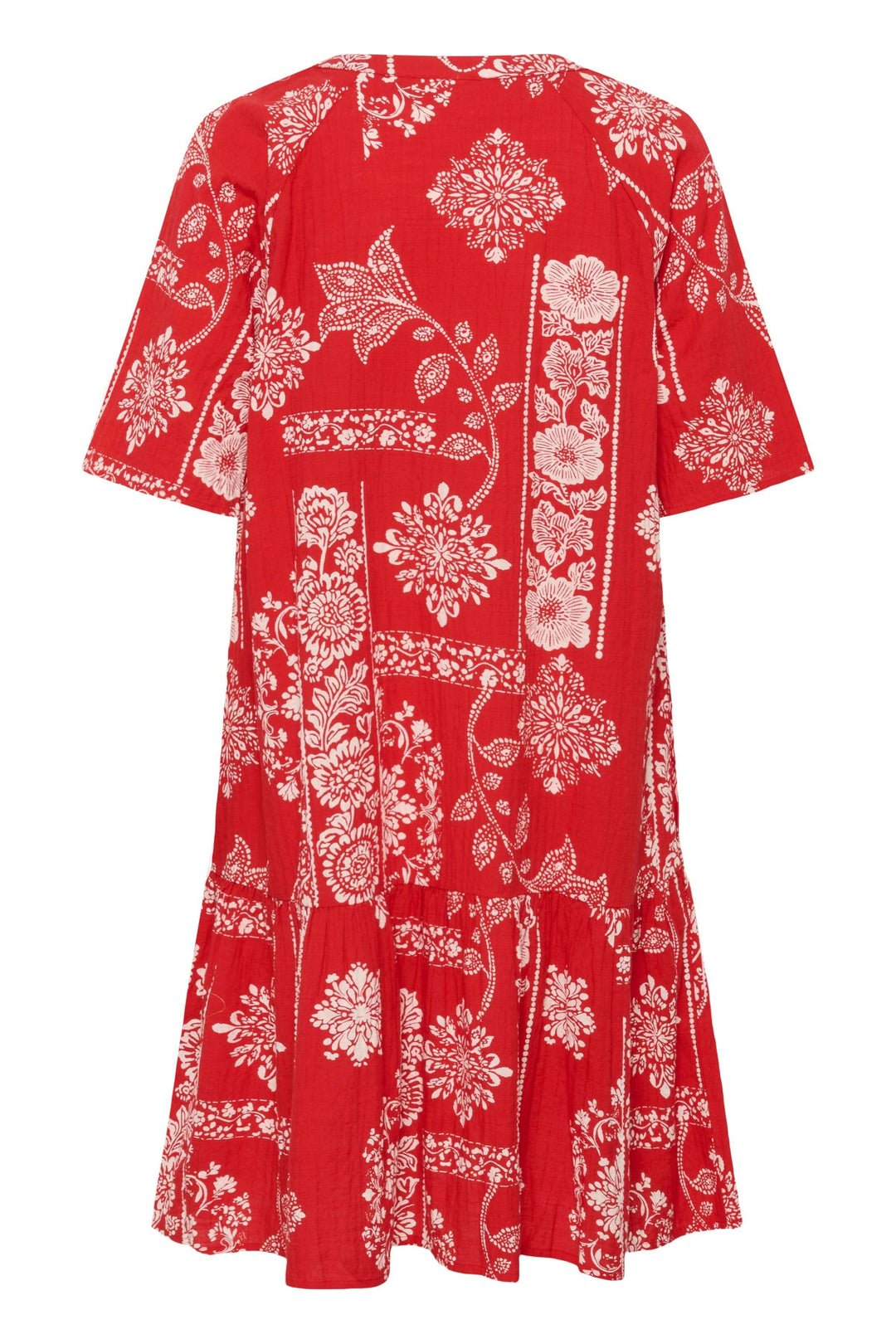Robe Tiah courte imprimée à manches courtes, rouge à motifs floraux, coupe fluide évasée avec volant, idéale pour l&