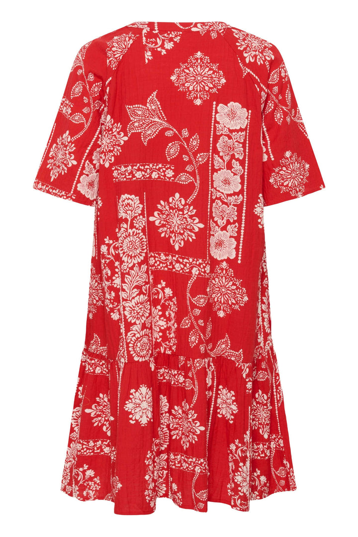 Robe Tiah courte imprimée à manches courtes, rouge à motifs floraux, coupe fluide évasée avec volant, idéale pour l&