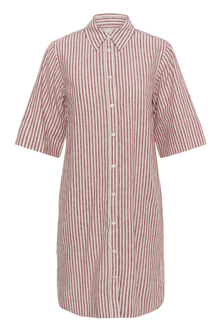 Robe chemise Berrit fluide à manches courtes, tenue décontractée avec rayures, col chemise et fermeture boutonnée intégrale.