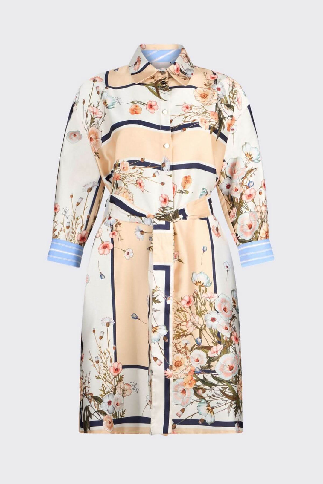 Robe chemise à imprimé floral avec col classique et manches trois-quarts, tenue élégante pour le bureau et les sorties.
