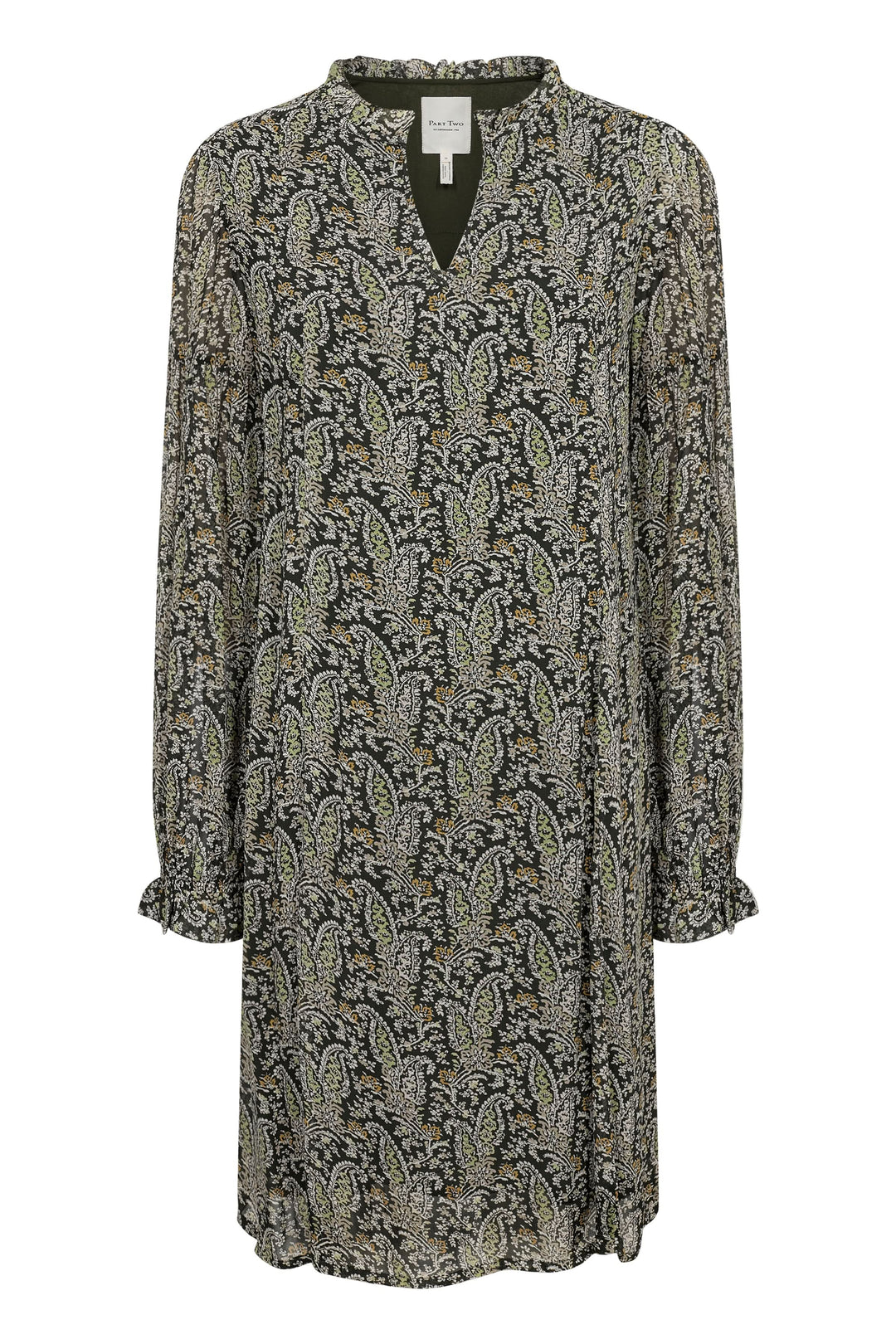Robe courte Botella avec poignets à volants, manches longues et encolure en V, motif floral élégant.