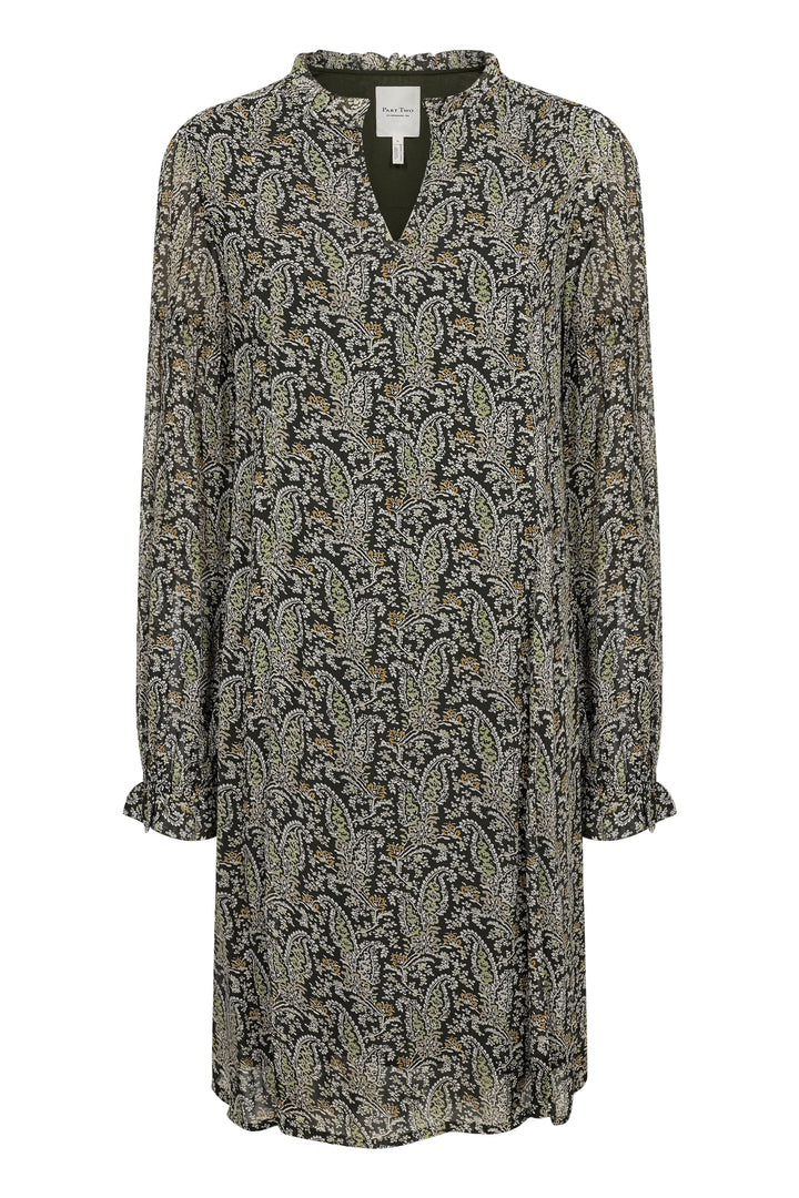 Robe courte Botella avec poignets à volants, manches longues et encolure en V, motif floral élégant.