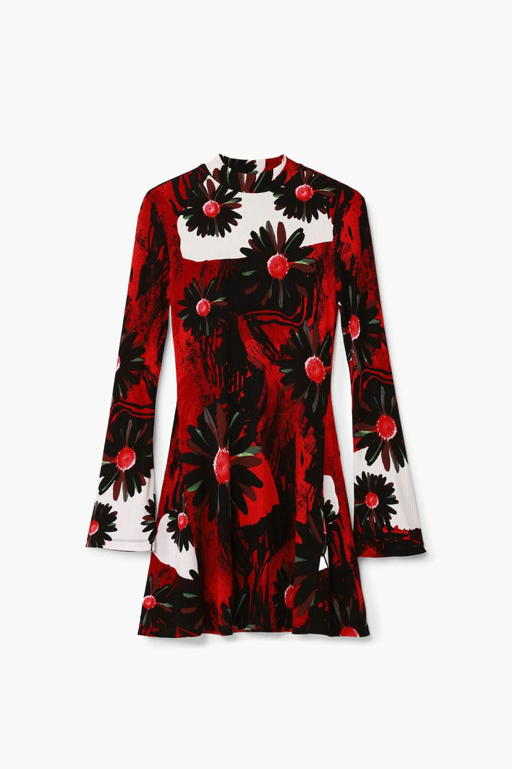 Robe courte imprimée de fleurs rouges et noires à manches longues et col montant, parfaite pour un look élégant.
