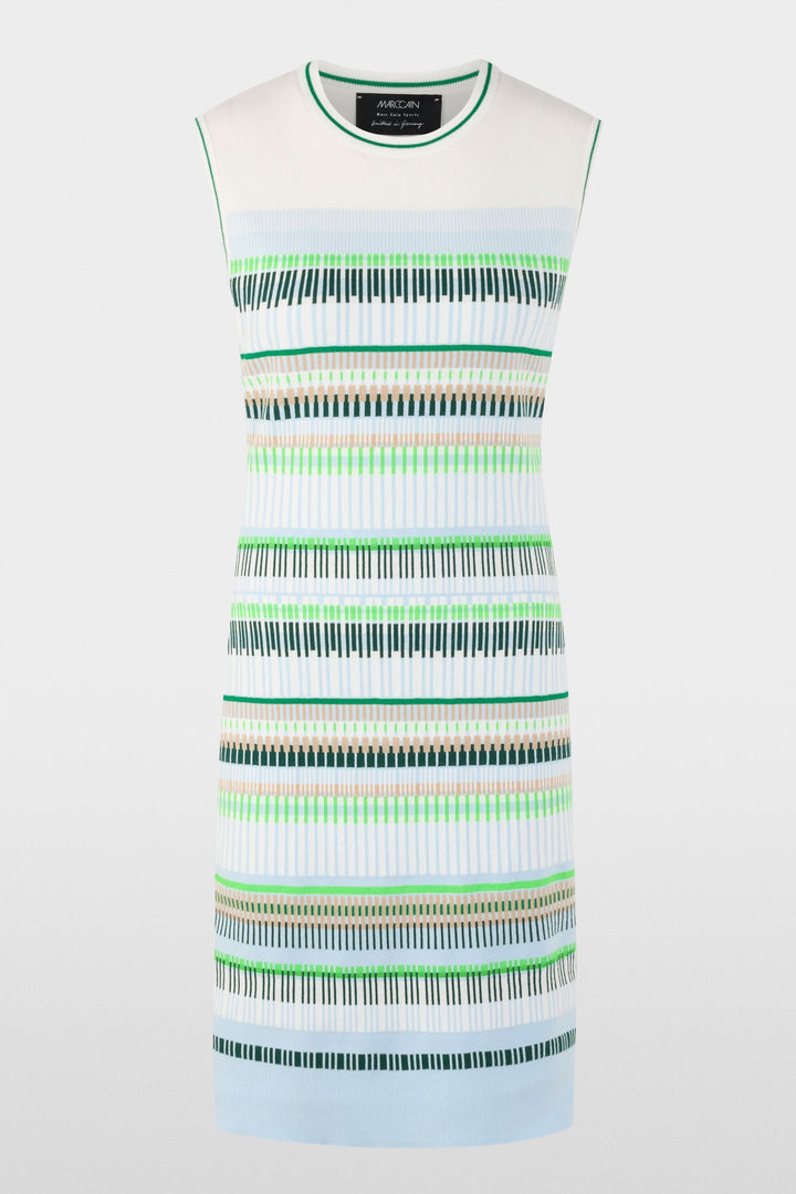 Robe courte tricotée avec motif rayures graphiques, coupe ajustée, longueur au-dessus du genou, encolure ronde, sans manches.