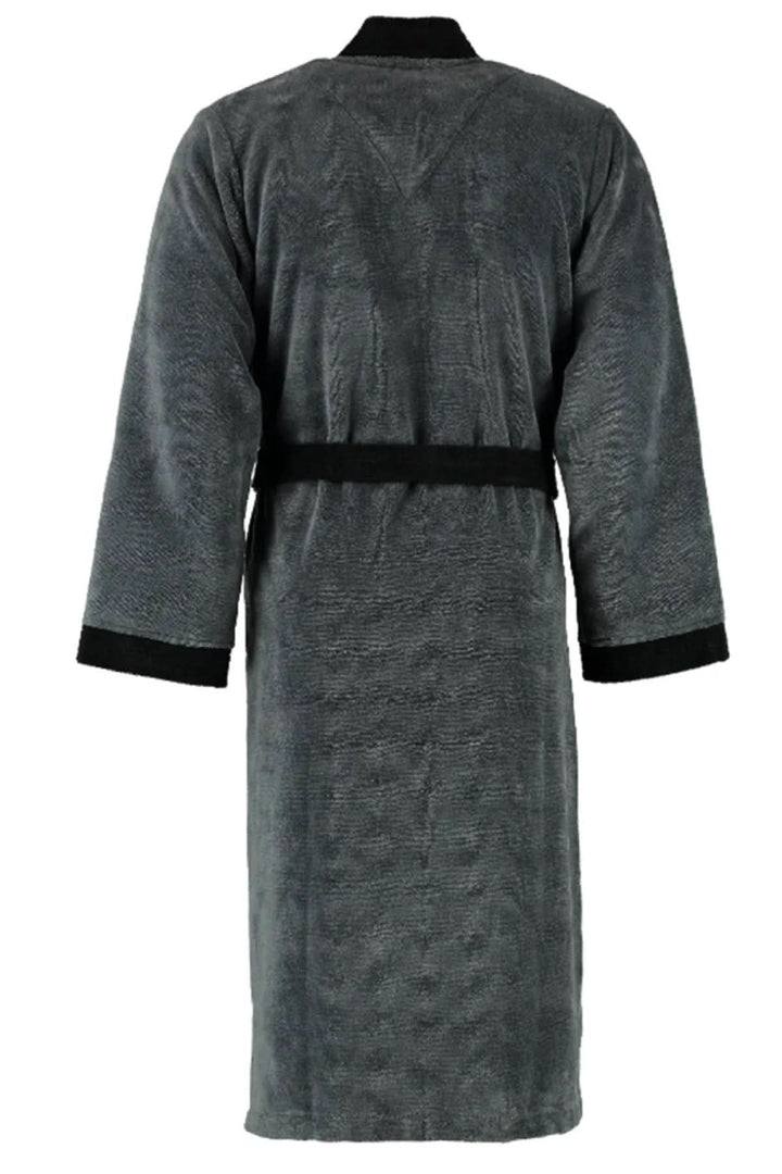 Dos de la robe de chambre col châle ceinturée grise avec ceinture noire, manches longues et col contrastant. Idéale pour le confort.