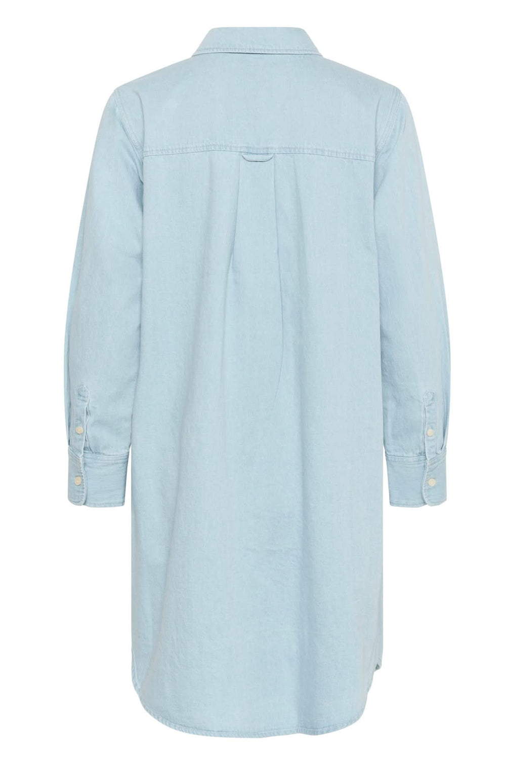 Robe en denim Nuria, vue arrière, manches longues, style chemisier, couleur bleu clair, coupe classique jusqu'aux genoux.