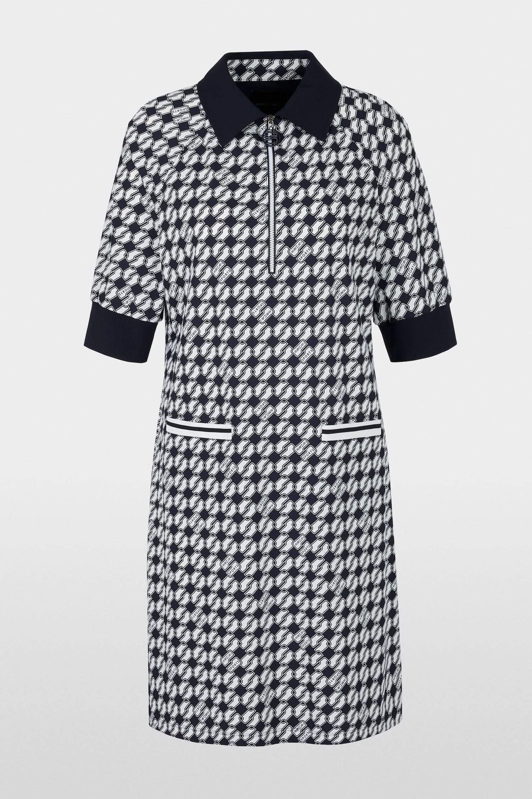 Robe courte en jersey scuba, imprimé géométrique, col classique, poches plaquées et fermeture éclair.