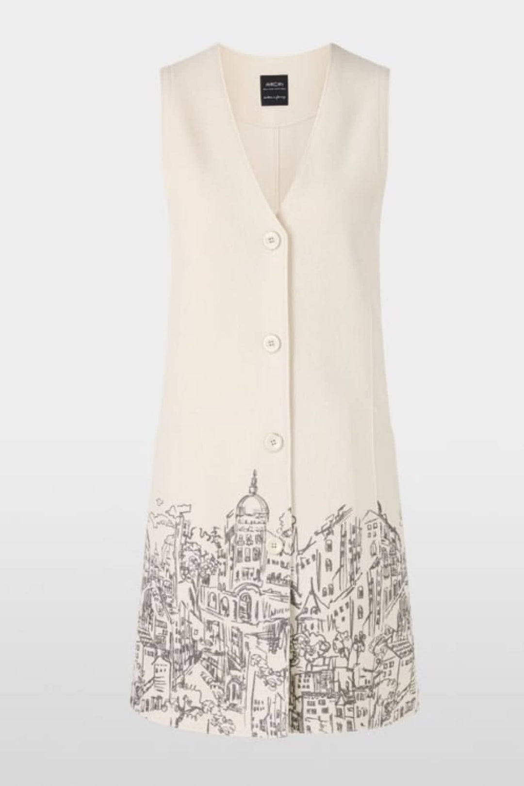 Robe en laine bouillie sans manches avec imprimé urbain sur le devant, tricotée et finie en Allemagne, aspect artistique, légèreté naturelle.