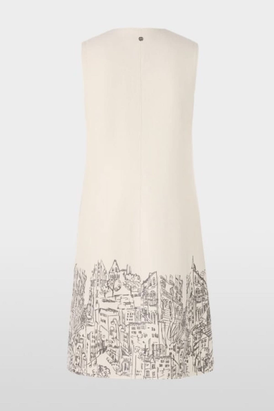 Robe en laine bouillie, sans manches, avec imprimé urbain artistique, légèrement évasée, patte de boutonnage, fabriquée en Europe.