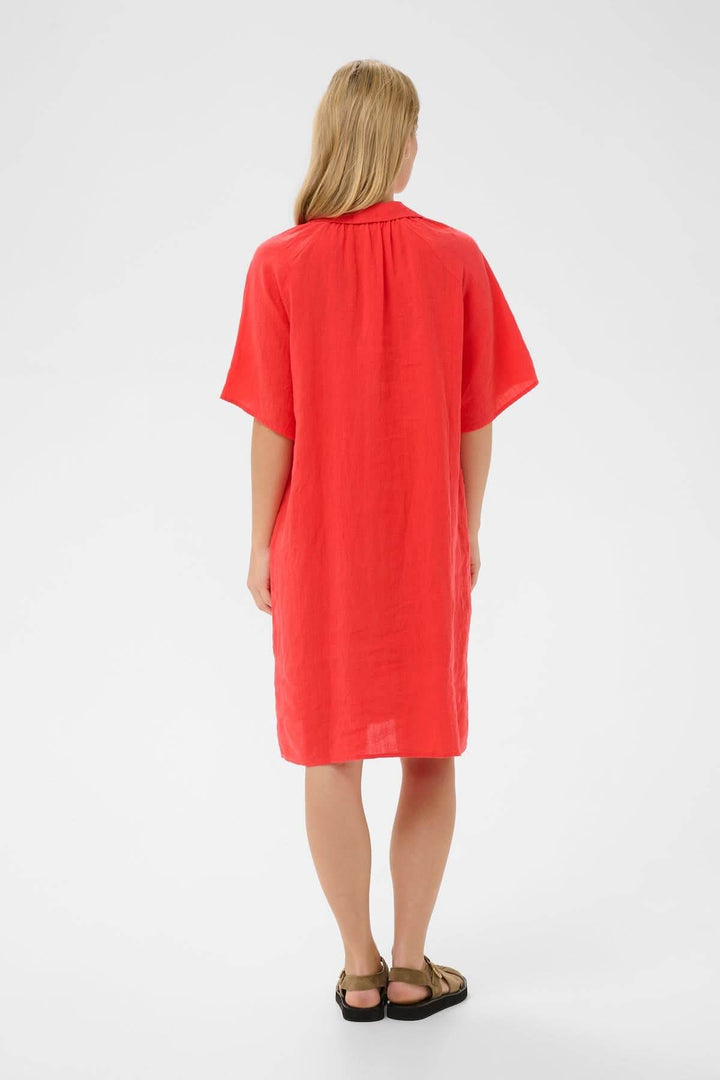 Robe en lin Ayla vue de dos montrant une coupe droite et longueur au genou, idéale pour un style décontracté et élégant.
