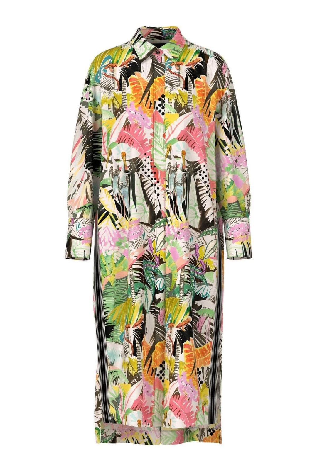 Robe chemise large imprimée jungle avec motifs floraux colorés et rayures, couleur vert olive profond.