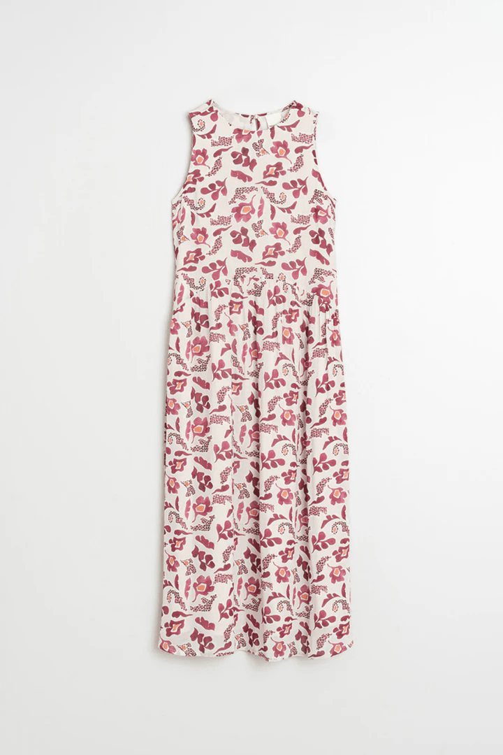 Robe longue imprimée sans manches avec imprimé floral, coupe évasée et encolure ronde, idéale pour l'été et les occasions décontractées.
