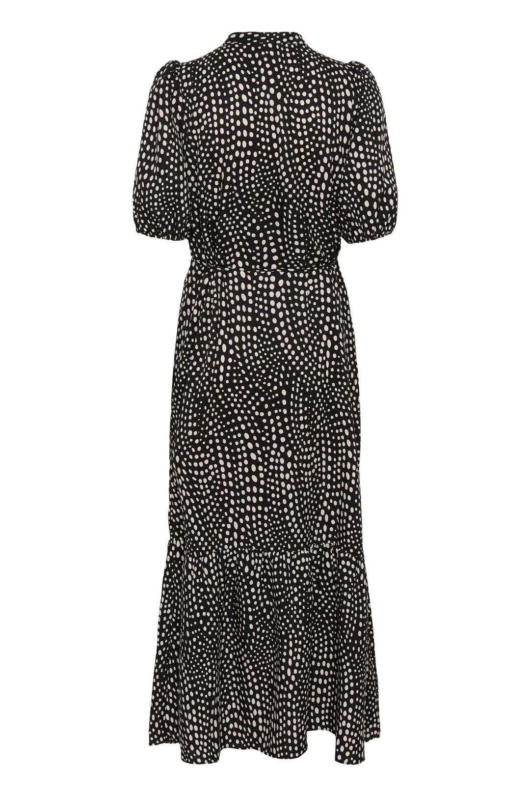 Robe longue imprimée à taille ceinturée avec manches courtes bouffantes et encolure en V, vue arrière