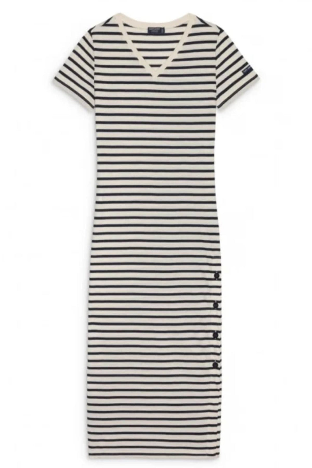 Robe longue rayée Eze avec encolure en V, boutons décoratifs sur le côté et coupe ajustée, idéale pour un look chic et décontracté.