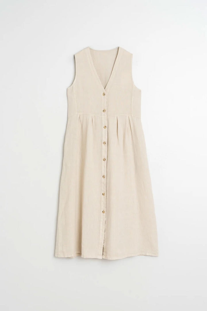 Robe longue réversible sans manches, design polyvalent, silhouette élégante en beige.