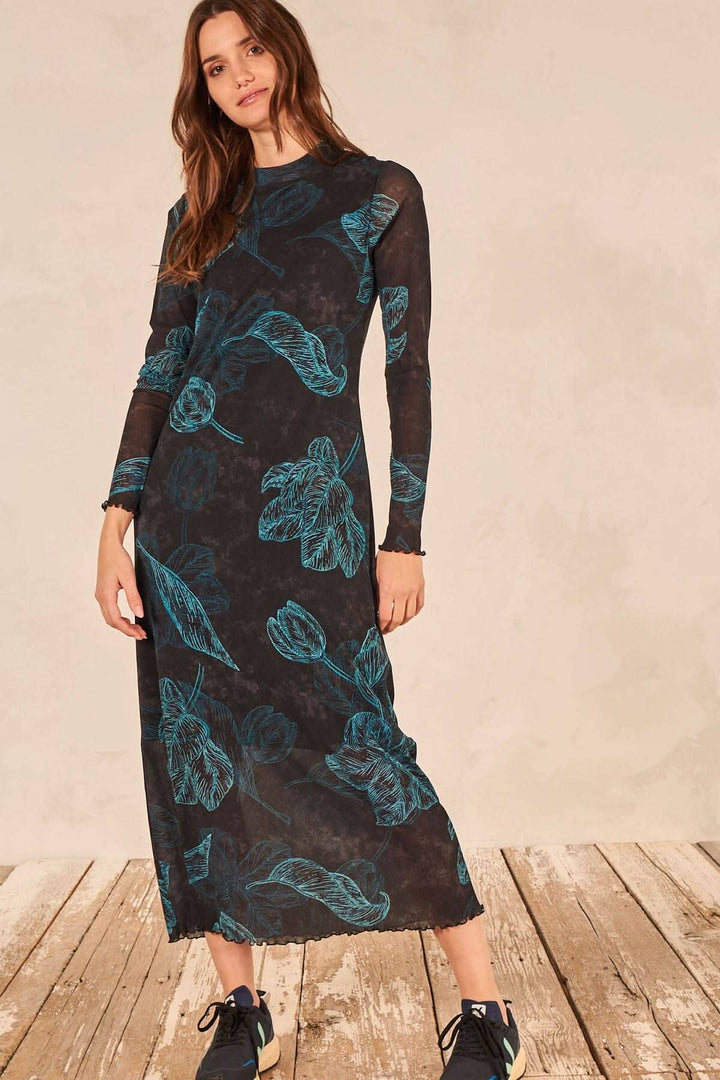 Robe longue à manches transparentes avec imprimé feuilles, coupe ajustée, col monté, look décontracté.