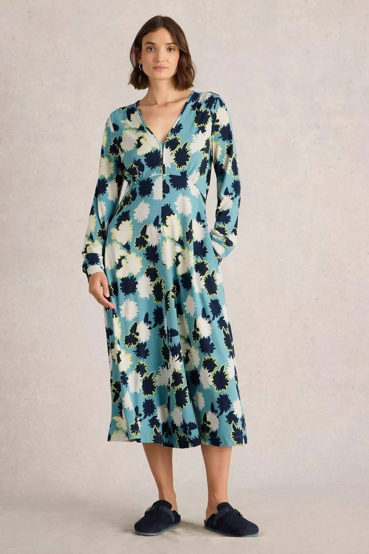 Robe mi-longue en jersey à fleurs, col V et manches longues, idéale pour occasions décontractées ou élégantes.