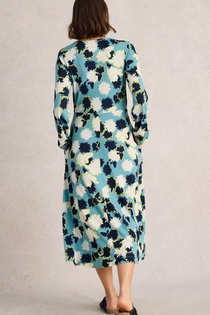 Robe mi-longue Megan à motif floral, manches longues, vue arrière, idéale pour occasions décontractées ou élégantes.