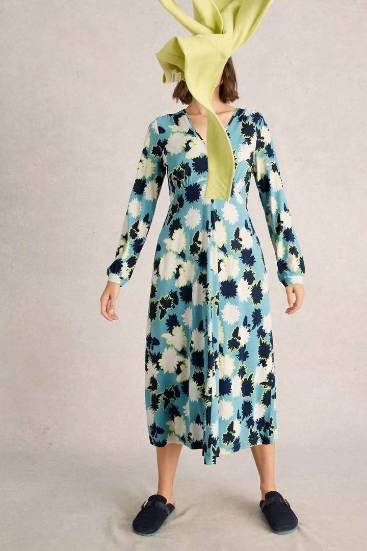 Robe mi-longue Megan en jersey, col en V, imprimé floral, manches longues, idéale pour occasions décontractées ou élégantes.